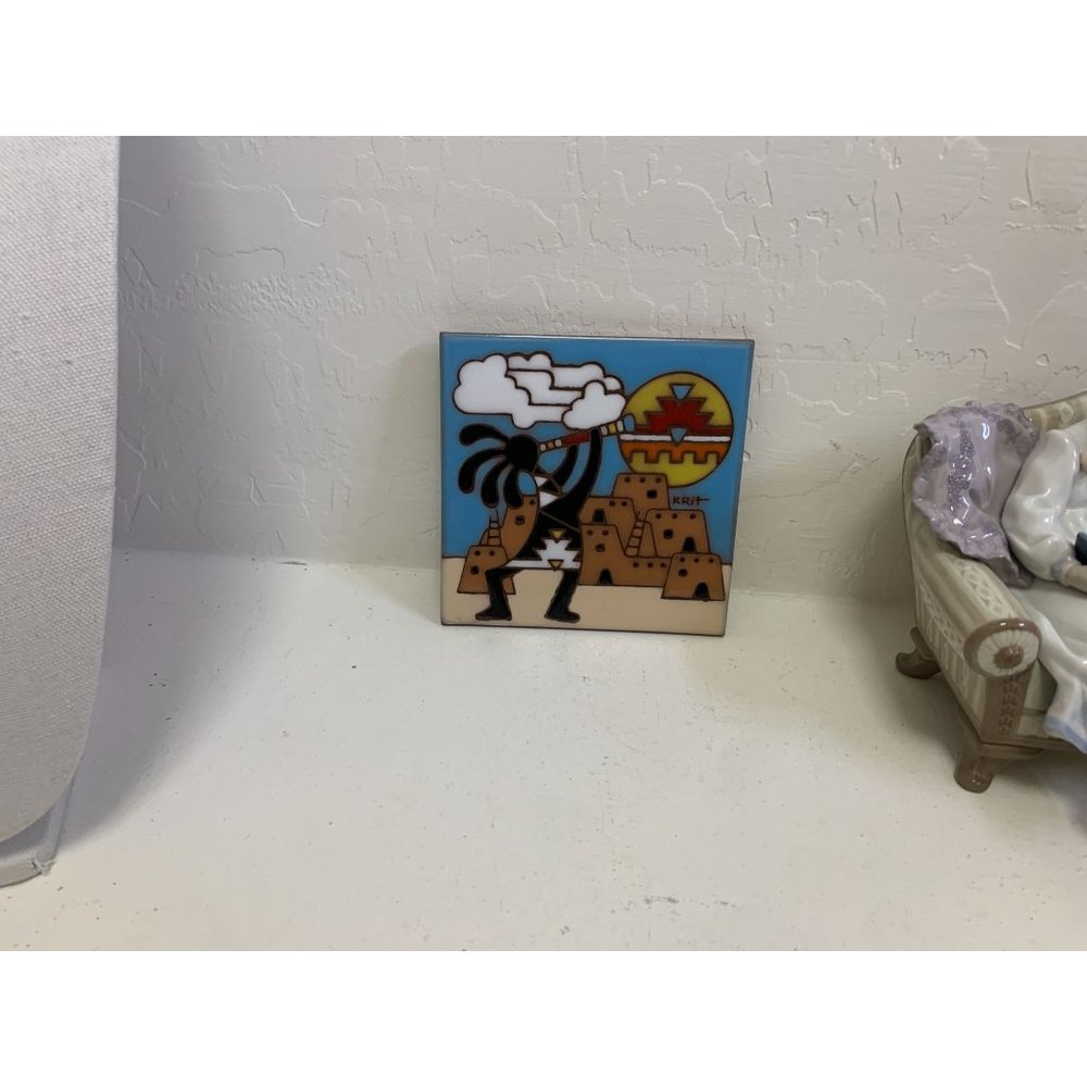 Kokopelli Terra Cotta Trivet with Enamel Decoration 6"x6" - Blue, Brown, and Bla